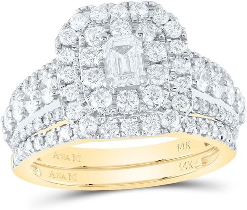 Jewels By Lux 14kt Yellow Gold 2 Cttw Natural Diamond Ana M 3/8 Cttw Emerald Double Halo Wedding Engagement Anniversary Bridal Set, Women Size: 5-9 in Saudi Arabia
