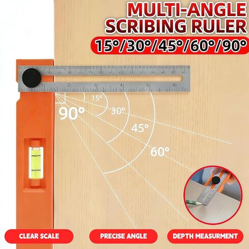 Adjustable Positioning Marking Protractor Tool, Multi-Angle Depth Measuring Ruler with Level Gauge & Rotatable Knob Angle Marking 15°-90°, Precise Leveling & Marking Tool for Woodworking & Carpentry in Kuwait