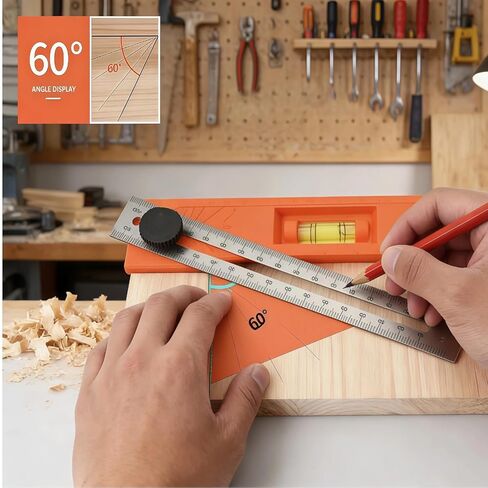Adjustable Positioning Marking Protractor Tool, Multi-Angle Depth Measuring Ruler with Level Gauge & Rotatable Knob Angle Marking 15°-90°, Precise Leveling & Marking Tool for Woodworking & Carpentry in Kuwait