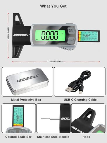 GODESON Tire Tread Depth Gauge,Rechargeable Digital Tire Depth Gauge - USB-C,3-Unit Switch (mm/Decimal/Fraction Inch), Backlit LCD Display, Auto Power Off, 0-32NDS for Car/SUV/Truck Wear Measurement in Saudi Arabia