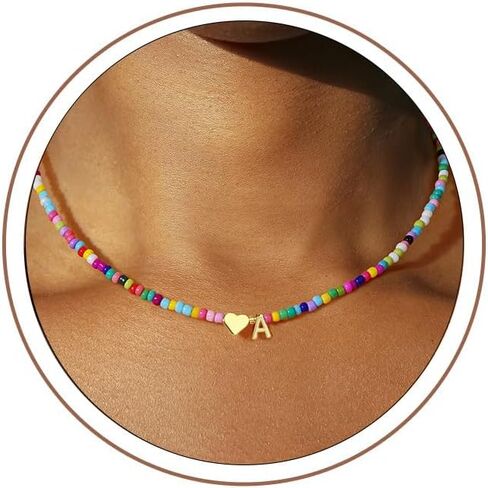 Turandoss Colorful Beaded Initial Necklaces for Women Girls, 14K-Gold-Plated Heart Letter A-Z Pendant Dainty Summer Jewelry Personalized Birthday Gifts for Teen Girls in Saudi Arabia