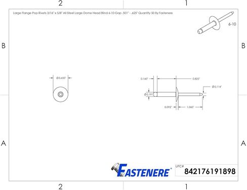 مسامير تثبيت ذات شفة كبيرة من Fastenere - 3/16 بوصة × 5/8 بوصة (50 قطعة) شديدة التحمل، نهاية مفتوحة، زنك فولاذي، مقاومة للتآكل، قوة شد عالية وقص، 6-10 فجوة .501 بوصة - .625 بوصة in Saudi Arabia