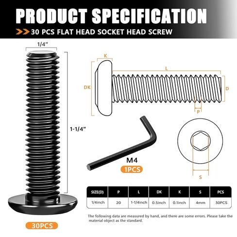 mankk 30PCS 1/4-20 x 1-1/4" Flat Head Screws Socket Head Screw Furniture Bolts Stainless Steel 18-8 (304) Countersunk Connector Screws Furniture Screw with Hex Spanner in Saudi Arabia