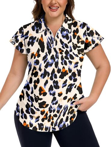 Women's Plus Size Ruffle Sleeve Golf Polo Shirts Loose Fit 1/4 Zip V-Neck Tennis Workouts Tops, XL-5XL in Saudi Arabia