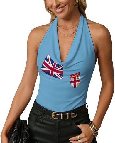 Fiji Flag Halter Tops for Women Going Out Summer Cowl Neck Backless Top Sexy Cute Basic Vacation Clothes in Saudi Arabia