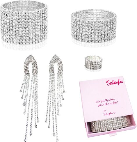 Competition Jewelry for NPC & Fitness Shows – Draping Earrings, Crystal Ring, 2 Stretch Bracelets & Pink Gift Box– Ideal Bikini Stage Accessories in Saudi Arabia