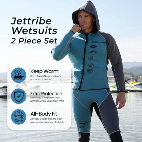 Jet Ski Wetsuit 2 Piece Set | Jettribe Team Rider Series | 3mm Stretch Neoprene with Reinforced Knee Panels for Men & Women (2XL, Blue/Grey) in Kuwait
