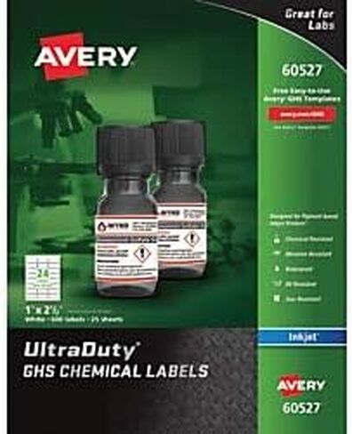 Avery UltraDuty GHS Chemical Labels, 60527, for Inkjet Printers, 1" x 2 1/2", White, Pack of 600 in Saudi Arabia
