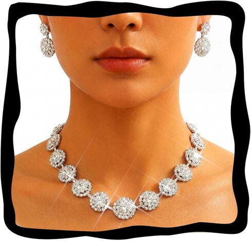 Aukmla Crystal Bridal Wedding Jewelry Set Silver Rhinestones Necklaces Earrings Sets Prom Jewelry for Women and Brides in Saudi Arabia