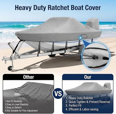 Ratchet Hurricane Proof Heavy Duty Waterproof Boat Cover, 16-18.5ft Mooring & Trailerable 1200D Bass Boat Cover with Motor Cover for Bass Tracker,Gray in Kuwait