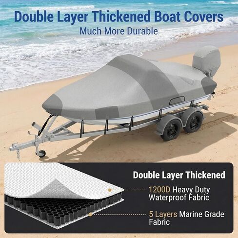 Ratchet Hurricane Proof Heavy Duty Waterproof Boat Cover, 16-18.5ft Mooring & Trailerable 1200D Bass Boat Cover with Motor Cover for Bass Tracker,Gray in Kuwait