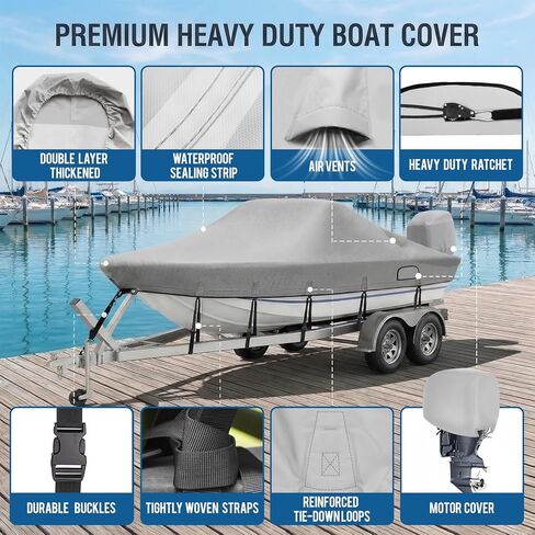 Ratchet Hurricane Proof Heavy Duty Waterproof Boat Cover, 16-18.5ft Mooring & Trailerable 1200D Bass Boat Cover with Motor Cover for Bass Tracker,Gray in Kuwait