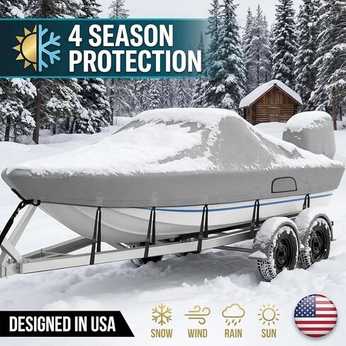 Ratchet Hurricane Proof Heavy Duty Waterproof Boat Cover, 16-18.5ft Mooring & Trailerable 1200D Bass Boat Cover with Motor Cover for Bass Tracker,Gray in Kuwait