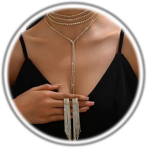 Prom Bridal Rhinestone Jewelry Set Sparkly Crystal Y-Shaped Necklace Long Chandelier Earrings Tassel Lightweight Ear Studs Formal Wedding Costume Jewelry Set Accessories for Women in Saudi Arabia