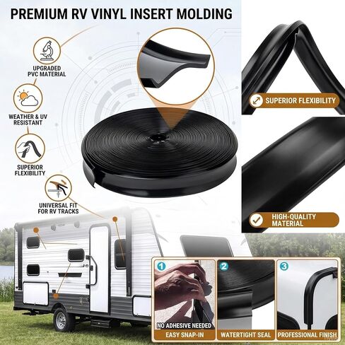 1" RV Trim Molding Insert, 100 FT RV Weather Stripping Exterior, Heavy Duty RV Weather Stripping Exterior Replacement, Rubber Vinyl RVs Trim, Roof Trim(Black) in Saudi Arabia