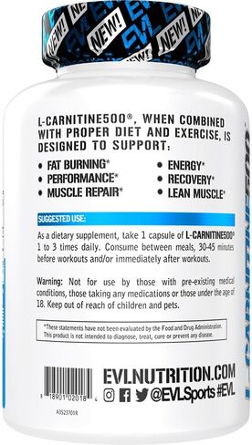 EVL L-Carnitine Supplement for Weight Loss Support - L Carnitine Tartrate for Cellular Energy Focus Endurance and Fat Burning Support - Stimulant Free Amino Acid for Fat Metabolism (120 Servings) in Saudi Arabia