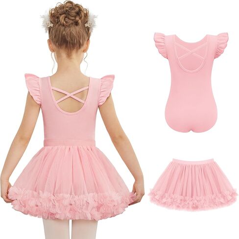 Zaclotre Girls Ballet Leotards Toddler Ruffle Sleeve Crisscross Back Tutu Dance Dress Outfit with Removable Skirt Combo in Saudi Arabia