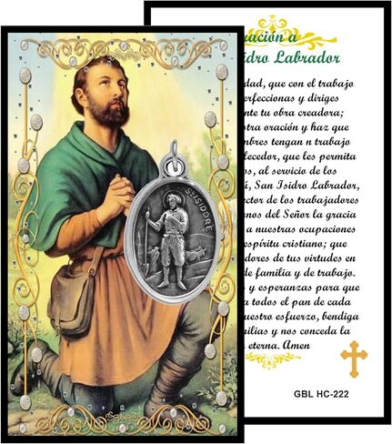 Gifts by Lulee, LLC Saint Isidore The Laborer San Isidro Labrador Silver Oxidized Medal Blessed Prayer Card and Set with everything (SET ENGLISH) in Saudi Arabia
