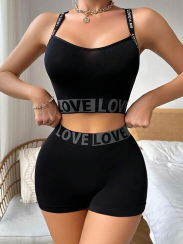 Women's Sports Bra and Shorts Set - Letter Print Workout Outfit Seamless Stretchy Athletic Two Piece Set in Saudi Arabia