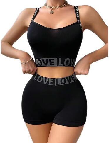 Women's Sports Bra and Shorts Set - Letter Print Workout Outfit Seamless Stretchy Athletic Two Piece Set in Saudi Arabia