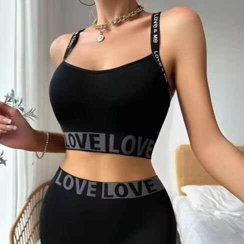 Women's Sports Bra and Shorts Set - Letter Print Workout Outfit Seamless Stretchy Athletic Two Piece Set in Saudi Arabia