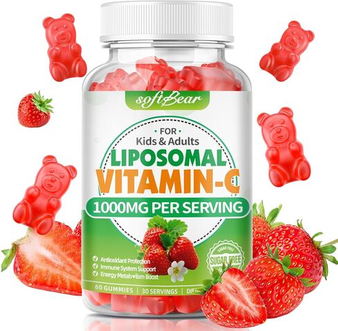softbear Liposomal فيتامين C علكات للبالغين والأطفال 1000 ملغ، مكمل فيتامين C قابل للمضغ لدعم المناعة، نباتي/عضوي/خالي من السكر VIT C Gummies، نكهة الفراولة 60 عدد in Kuwait