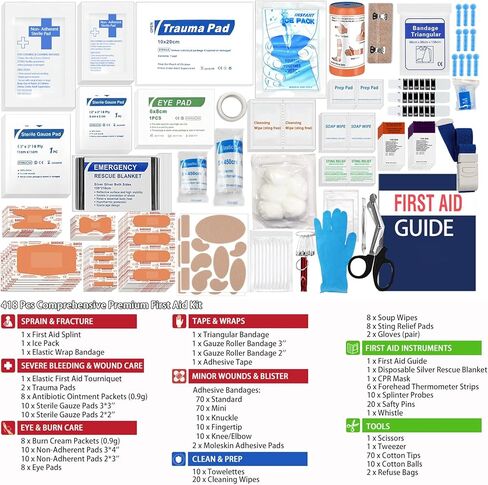 Premium Waterproof First Aid Kit (418 Pieces) for Car & Home - Color-Coded Organized Pockets, Dual-Handle Design | Emergency Survival Kit for Hiking, Camping, Backpacking and Outdoors in Saudi Arabia