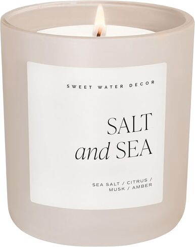 Sweet Water Decor Salt and Sea Scented Soy Candle, Scent Notes of Sea Salt, Citrus, Musk, and Amber, Non-Toxic Wax Blend, 70 Hour Burn, 15oz Blue Matte Jar for Home and Bedroom, Hand Poured in USA in Kuwait