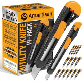 Amartisan 14-Piece Retractable Box Cutter, Utility Knifes for Boxes, Cartons, Cardboard Cutting, 18mm & 9mm Wide Blade Cutter, Very Suitable for Office and Home Use. in Kuwait