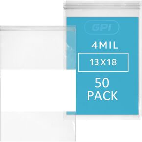 GPI - 13" x 18" - XL - Pack Of 50, 4 Mil Thick, Heavy Duty, Clear Plastic Reclosable Freezer Zip Bags, With White Block for Labeling, Strong & Durable Poly Baggies With Resealable Zipper Top Lock. in Kuwait