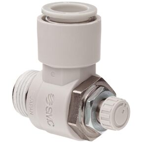 SMC AS2201F-02-08S Air Flow Control Valve with Push-to-Connect Fitting, PBT & Nickel Plated Brass, Elbow, With Sealant, 1/4" BSPT Male x 8 mm Tube OD in Saudi Arabia