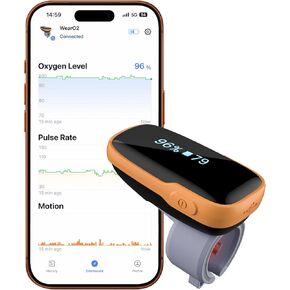 جهاز مراقبة الأكسجين في الدم Vibeat WearO2 - مقياس التأكسج النبضي بتقنية البلوتوث لتتبع الأكسجين المستمر ومعدل ضربات القلب، جهاز قياس الأكسجين بالإصبع قابل لإعادة الشحن، يمكن ارتداؤه مع إشعار وتطبيق مجاني in Kuwait