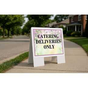 Catering Deliveries Only Spring Flowers Purple Lilac Up Arrows A-Frame Single Sided 23x23 in. sign in Kuwait