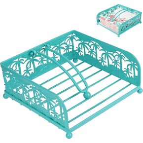 Flat Napkin Holder - Coastal Teal Metal Caddy with Weighted Arm for 6.5" Square Luncheon Napkins, Windproof Nautical Palm Tree Decor for Kitchen, Outdoor Picnic, BBQ, Beach Party in Kuwait
