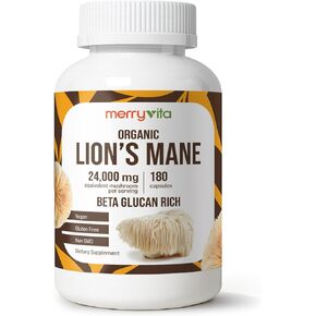 MERRY VITA Lion’s Mane Supplement Capsules – Mushroom Supplement for Immune Brain, Memory & Focus - Non GMO, Vegan Friendly - 180 Capsules in Saudi Arabia