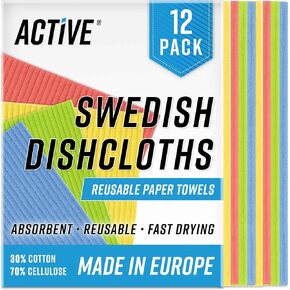 ACTIVE Swedish Dish Cloths for Kitchen 12 Pack Cellulose Sponge Cloth, Washable Dishcloths for Washing Dishes, Original European Dish Towels, Absorbent Reusable Paper Towels - Multicolor Assorted in Kuwait