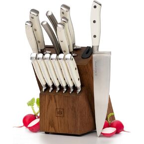 White and Gold Knife Set with Block - 14-Piece White Knife Set with Block and Built-In Sharpener – Titanium-Coated High Carbon Stainless Steel Blades - Gold Kitchen Accessories - Great for Gifting in Kuwait