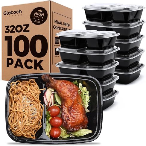 100 Pack (200-Piece)32 oz Meal Prep Containers,2-Compartment Reusable Food Storage Containers with Lids,Microwave Freezer Dishwasher Safe,Sturdy Leakproof&BPA Free Bento Box for To Go Take Out in Saudi Arabia