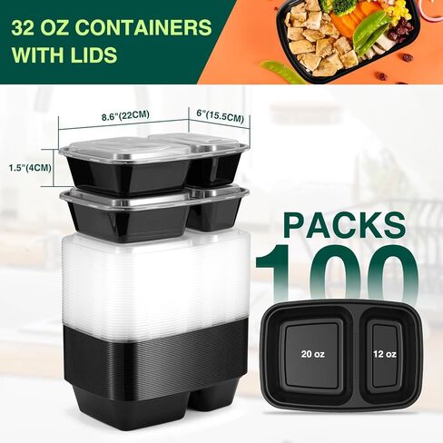 100 Pack (200-Piece)32 oz Meal Prep Containers,2-Compartment Reusable Food Storage Containers with Lids,Microwave Freezer Dishwasher Safe,Sturdy Leakproof&BPA Free Bento Box for To Go Take Out in Saudi Arabia