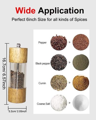 Pepper Grinder Salt Grinder Wooden Pepper Mill Grinder w/Adjustable Coarse, 6 inch Wood Refillable Manual Pepper Grinder Mill Peppermill for Black Peppercorn, Easy Clean in Kuwait