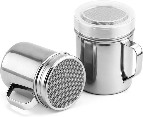 2 جهاز كمبيوتر شخصى 6oz الفولاذ المقاوم للصدأ مسحوق السكر شاكر مع مقبض، علب مسحوق شاكر شبكية مع غطاء بلاستيكي، منفضة شبكية دقيقة للخبز والطبخ والحلويات (القرفة والكاكاو والدقيق) in Kuwait