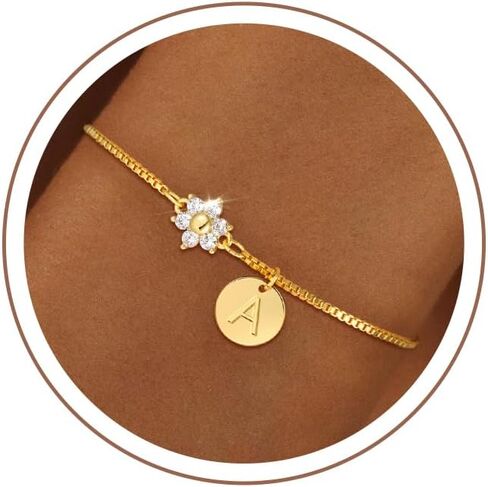 Gold Initial Bracelet for Women, Dainty Cubic Zirconia Flower Bracelet Gold Disc Letter Bracelets Personalized Gifts for Women Jewelry in Kuwait