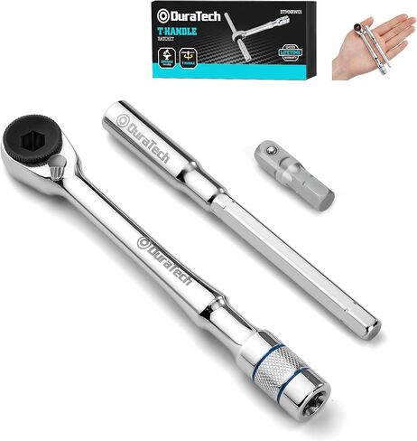DURATECH 1/4" T-Handle Ratchet, Mini Ratchet Wrench with Hex Bit Extension and Adapter Set, Compatible with Standard 1/4" Hex Bits or Sockets, Portable and Versatile Repair Tool for Tight Spaces in Saudi Arabia