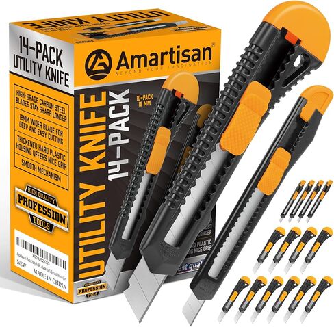 Amartisan 14-Piece Retractable Box Cutter, Utility Knifes for Boxes, Cartons, Cardboard Cutting, 18mm & 9mm Wide Blade Cutter, Very Suitable for Office and Home Use. in Kuwait