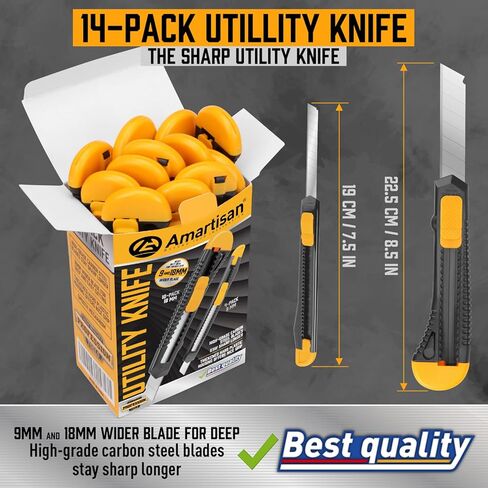 Amartisan 14-Piece Retractable Box Cutter, Utility Knifes for Boxes, Cartons, Cardboard Cutting, 18mm & 9mm Wide Blade Cutter, Very Suitable for Office and Home Use. in Kuwait