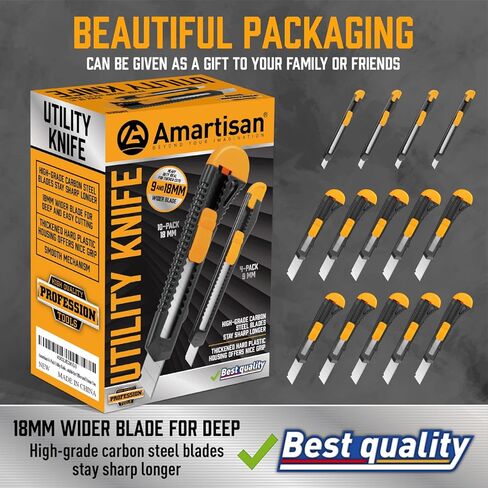 Amartisan 14-Piece Retractable Box Cutter, Utility Knifes for Boxes, Cartons, Cardboard Cutting, 18mm & 9mm Wide Blade Cutter, Very Suitable for Office and Home Use. in Kuwait