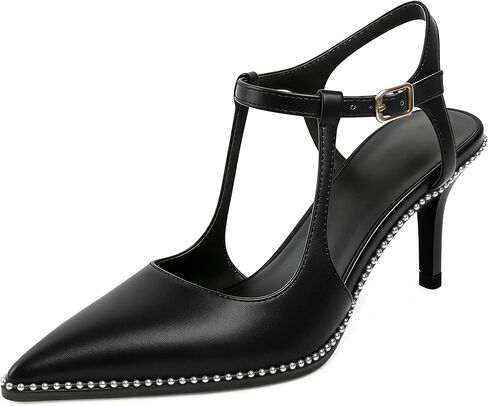 Joseywade Slingback هريرة الكعب الخناجر وأشار اصبع القدم حزام الكاحل مطرز مضخات 2.5 بوصة كعب متوسط ​​أنيق مضخة in Kuwait