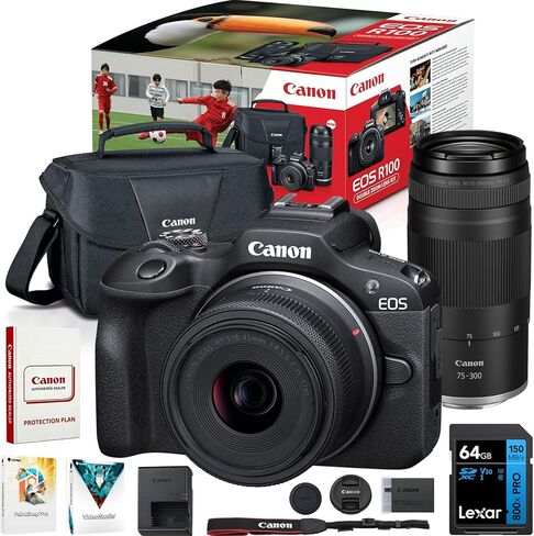كاميرا Canon EOS R100 w/RF-S18-45mm F4.5-6.3 + RF-S55-210mm F5-7.1 هي حزمة عدسات STM مع بطاقة ذاكرة SDXC سعة 64 جيجابايت من سلسلة Lexar Premium PRO + حقيبة كاميرا Deco Essentials + مجموعة Corel Photo Video Suite in Saudi Arabia