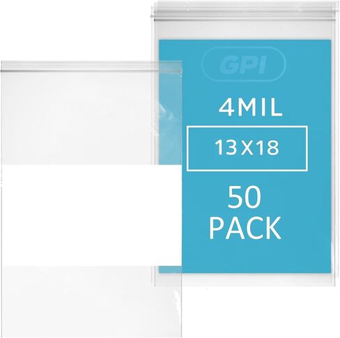 GPI - 13" x 18" - XL - Pack Of 50, 4 Mil Thick, Heavy Duty, Clear Plastic Reclosable Freezer Zip Bags, With White Block for Labeling, Strong & Durable Poly Baggies With Resealable Zipper Top Lock. in Kuwait
