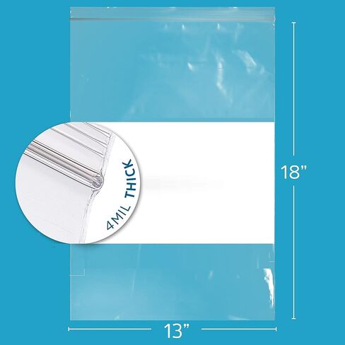 GPI - 13" x 18" - XL - Pack Of 50, 4 Mil Thick, Heavy Duty, Clear Plastic Reclosable Freezer Zip Bags, With White Block for Labeling, Strong & Durable Poly Baggies With Resealable Zipper Top Lock. in Kuwait